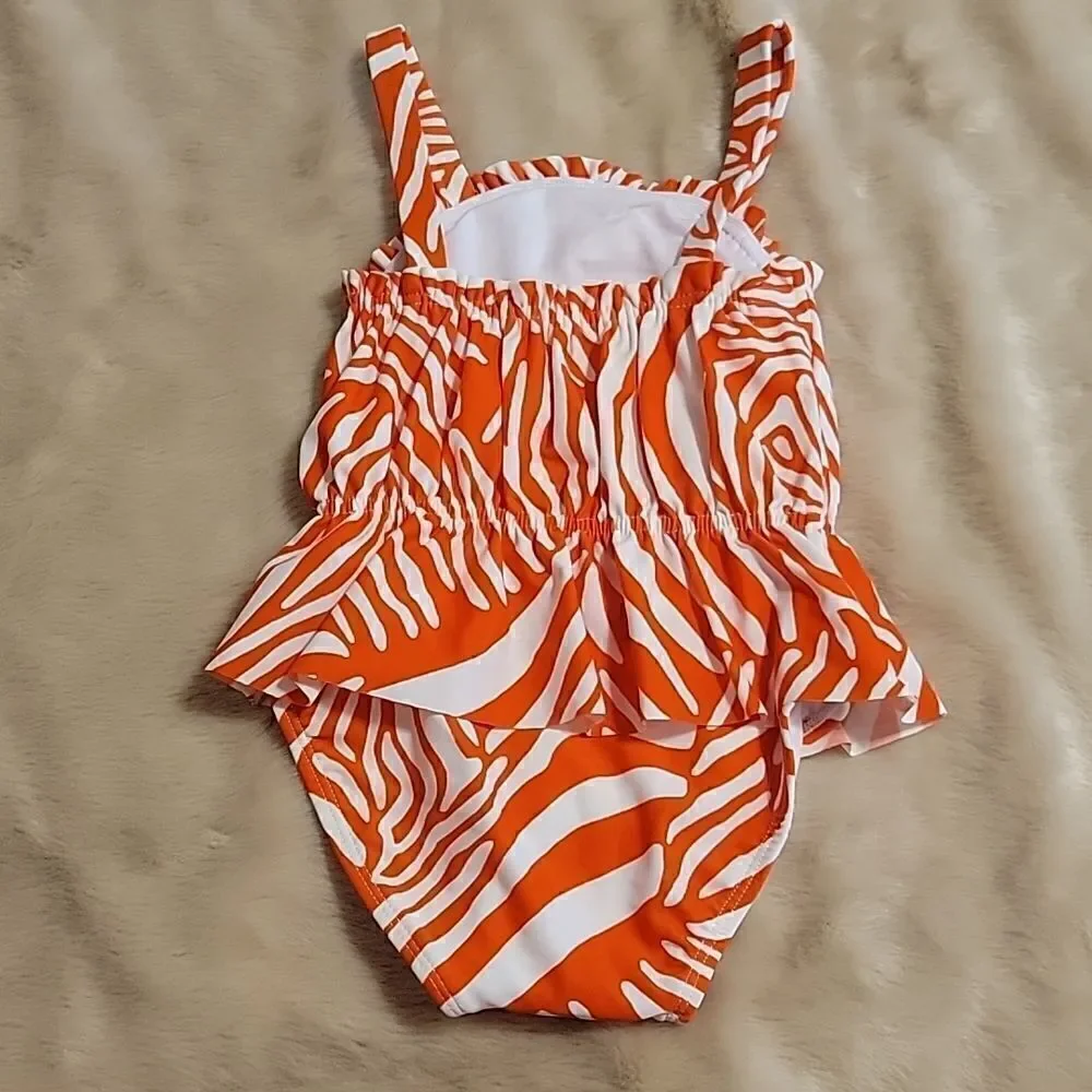 GYMBOREE ORANGE AND WHITE ZEBRA PRINT RUFFLED SWIMSUIT, SIZE 18-24 MONTHS - NEW!